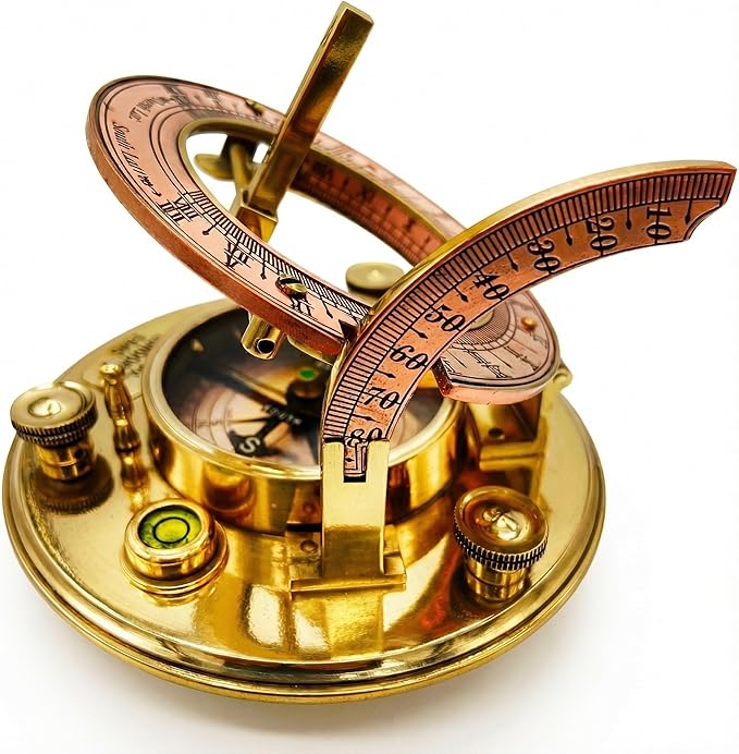 OakiWay Brass Sundial Compass in Leather Case - Nautical Gifts for Men, Antique Sailing Anniversary Vintage Gifts, Unusual Unique Nautical Decor, Ship Naval Maritime Pocket Watch Clock (4.1" Inch)