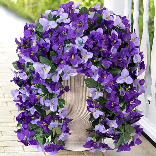 INXUGAO 2 pcs Artificial Faux Bougainvillea Flowers Plants for Outdoor Outside Summer Decoration, Fake Silk UV Resistant Long Trailing Vines for Front Door Porch Planter Balcony (Purple Dark Purple)