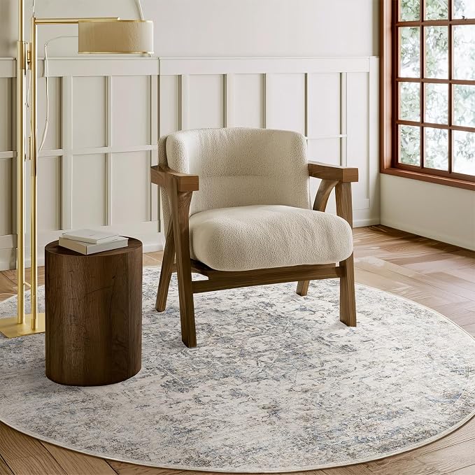 Machine Washable Rugs for Living Room: 4x4 Area Rugs for Bedroom Ultra Soft Non-Slip Low Pile Vintage Distress Boho Large Carpet for High-Traffic Dining Room - Farmhouse Decor