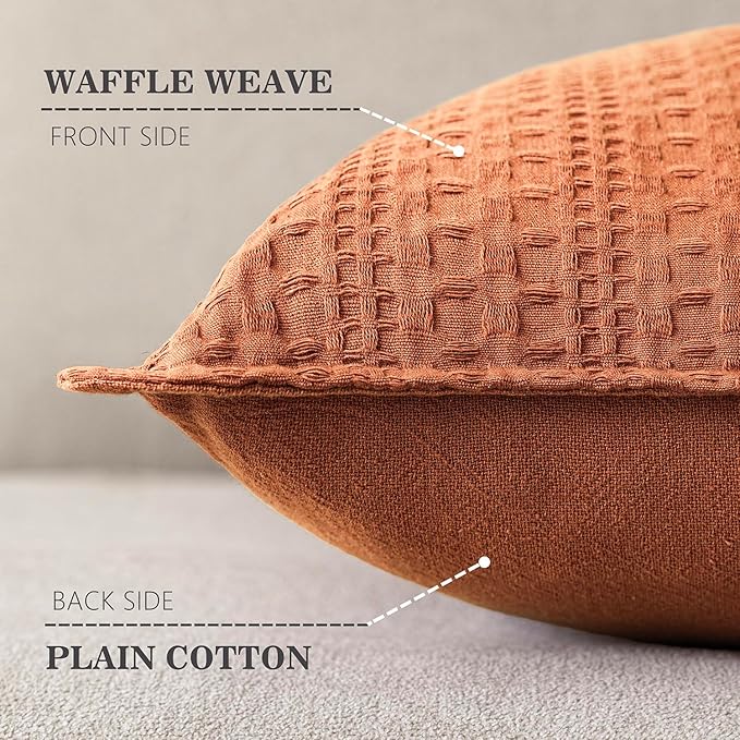 Foindtower Set of 2 Decorative Cotton Waffle Weave Throw Pillow Covers Euro Shams Cushion Covers Accent European Pillowcase for Bed Couch Sofa Bedroom Living Room Home Decor 18×18 Inch Burnt Orange
