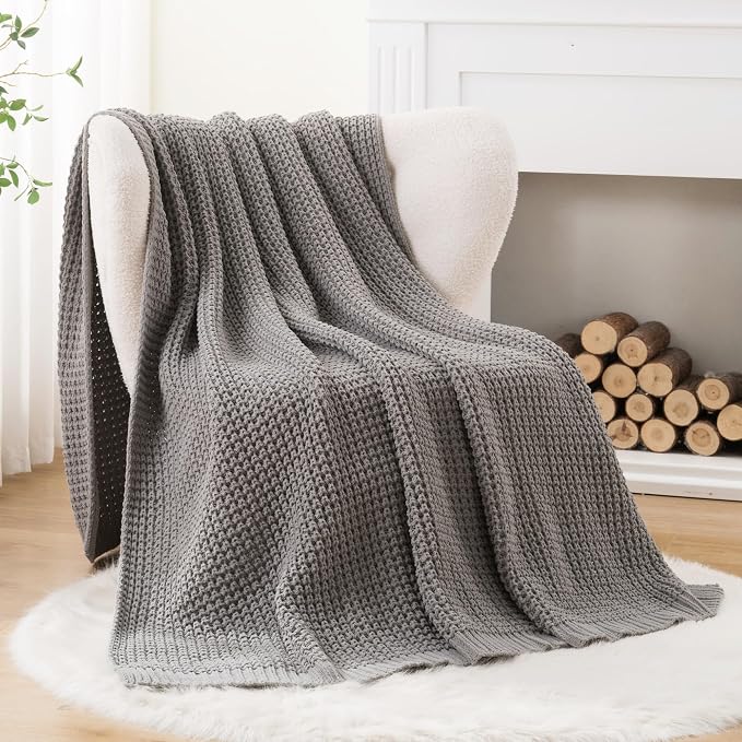 Bunnikins & Clover Grey Throw Blanket for Couch Bed Sofa, Waffle Knit Grey Blanket for Women Mothers Birthday Gifts, 60"x80"