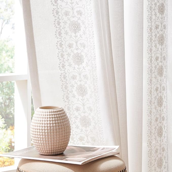 jinchan Weslie White Linen Curtains for Bedroom Vintage Floral Farmhouse Curtains 90 Inches Long Linen Drapes for Living Room Embroidered Light Filtering Drapes Rustic Cottagecore Off White 2 Panels