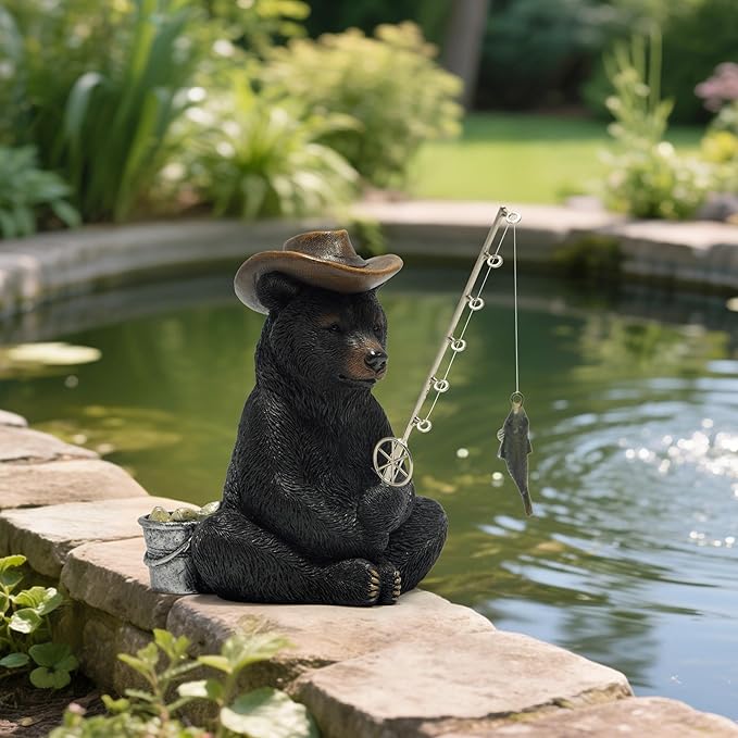 Hodao Black Bear Fishing Figurines Decoration Summer Bear Crafts for Home Office Desk Decor Statue for Tabletop Shelf Decoration Ornament Gifts Decor for Beach Fishing Lovers (Black)