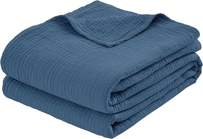 100% Cotton Muslin Throw XL Blanket (50" x 70") – A Luxuriously Soft, 4-Layer Lightweight and Breathable Gauze Blanket, Perfect for Year-Round use on beds, couches (Pacific Blue, Throw XL)