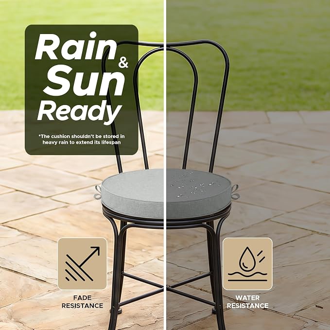 Outdoor Round Chair Cushions 18 Inch, Fade-Resistant & Water-Resistant, Bistro Chair Seat Pads for Porch Garden Balcony Patio Furniture Stools, Non-Slip Bottom, Set of 2, Light Grey