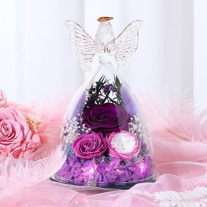 Mothers Day Rose Gifts for Women Preserved Real Flower in Glass Angel Figurines Roses for Delivery Prime Birthday Gifts for Mom Grandma Girlfriend Wife Her, Purple Austin Roses