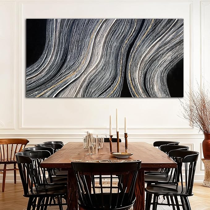 ZUNARE Contemporary Abstract Canvas Wall Art Black and white and gold Linear Painting, Minimal Modern Artwork for Living Room Bedroom Office Kitchen Wall Decoration 29"x58"
