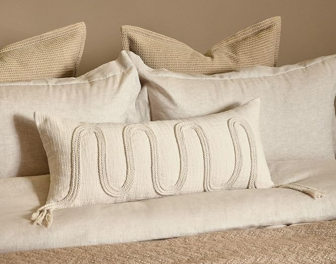 Beige Decorative Lumbar Pillow Cover 12x28, Handwoven Boho Long Body Pillowcase, Farmhouse Linen Cotton Pillow Cushion Case for Sofa, Bed, Living Room, Bedroom