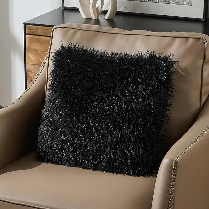 FUTEI Pack of 2 Shaggy Mongolian Faux Wool Throw Pillow Covers 18x18 Inch Soft Decorative Cushion Case for Couch Bed Living Room, Black