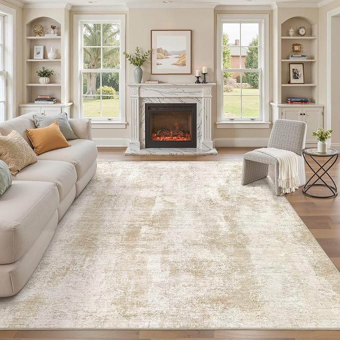 UERMEI Area Rug for Living Room: 10x12 Washable Neutral Abstract Modern Soft Rugs Non Slip Indoor Floor Stain Resistant Large Carpet for Bedroom Dining Room Office Nursery - Beige