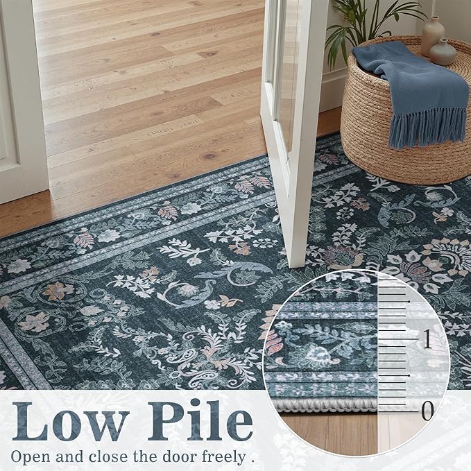 DCX Navy Blue 8x10 Area Rug, Machine Washable Non Slip Stain Resistant Soft Vintage Floral Rug, for Living Room, Bedroom, Dining Room, Soft Low Pile Large Carpet