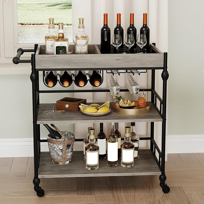 IDEALHOUSE Bar Cart, 3 Tier Bar Carts for Home with Wheels, Metal Rolling Serving Cart with Wine Rack & Glass Holder, Removable Tray and Storage Shelves for Kitchen, Dining Room, Living Room – Grey