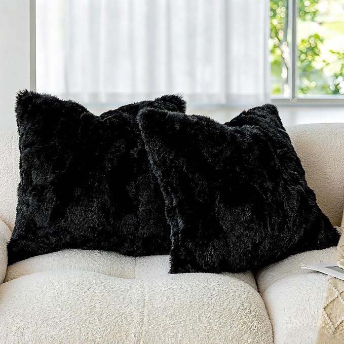 MOOX Rabbit Fur Pillow Covers Set of 2 Fur Throw Lumbar Decorative Pillow Fuzzy Soft Fluffy Genuine Animal Skin 18"x18" Sofa Couch Bed Cover, Black