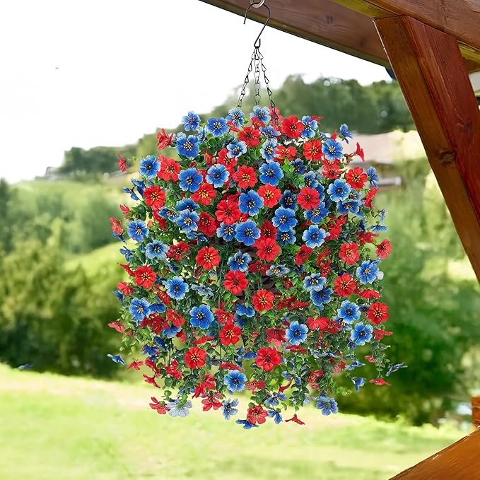 HyeFlora Artificial Hanging Flowers Basket for Outdoor, Fake Flowers Faux Plants Look Real for Yard Gardens Porch Patio Home (Blue+Red)