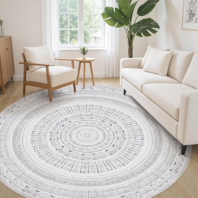 cotiled 8x8 Round Area Rug Living Room: Washable Boho Rugs with Non Slip Backing Large Soft Indoor Stain Resistant Carpet for Bedroom Farmhouse Dining Room Lightweight Home Decor Dark Grey