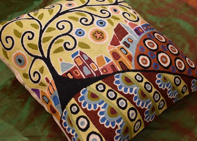 Yellow Tree of Life Throw Pillow Cover Karla Gerard Floral Pillowcase Gold Flower Pillowsham Plant Flower Chair Cushion Flowers Couch Hand Embroidered Wool Size 18x18