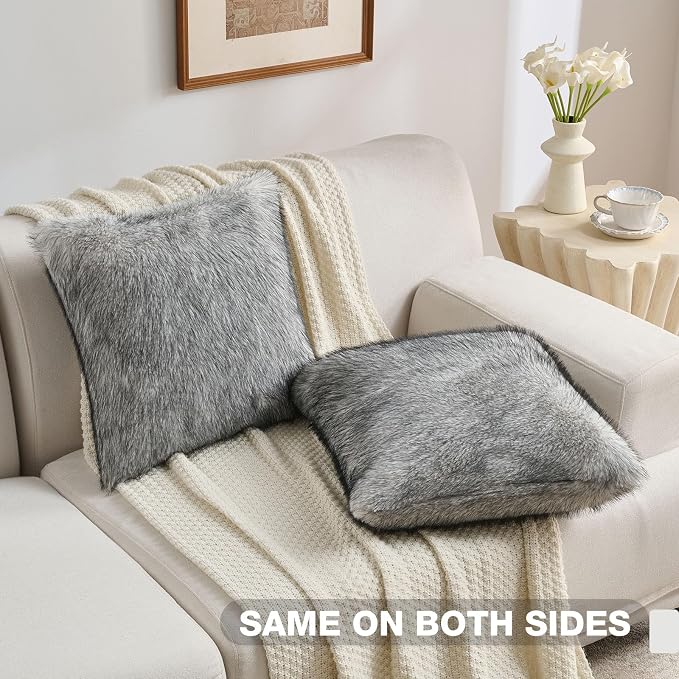 FUTEI Pack of 2 Faux Raccoon Fur Plush Throw Pillow Covers 18x18 Inch Soft Fluffy Farmhouse Decorative Cushion Case Modern Luxury Accent for Couch Bed Living Room, Beige Gray