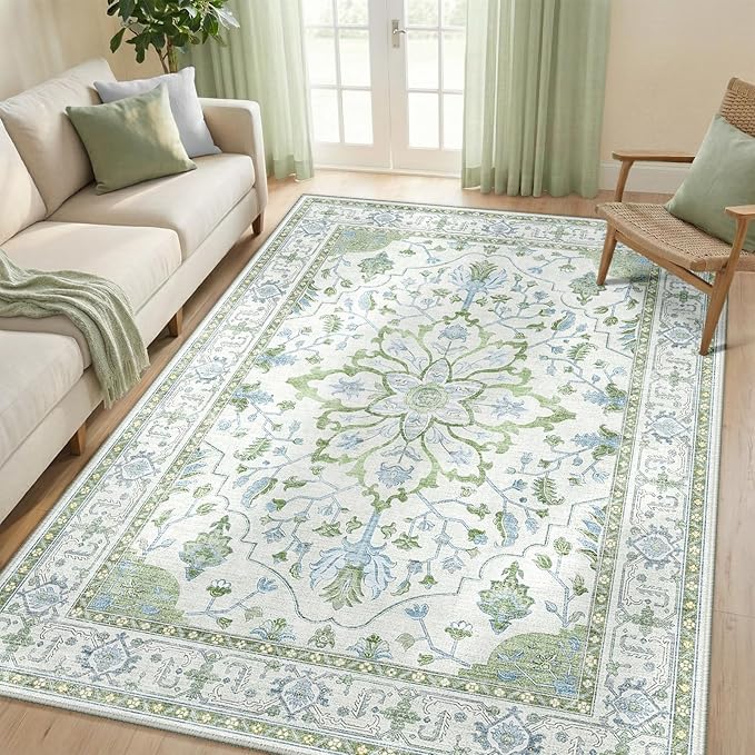 RELEANY Area Rugs 5'x8' Washable Non-Slip, Floral Vintage Distress Print Pattern Medallion Carpet for Living Room Bedroom Dining Room, Green White Blue