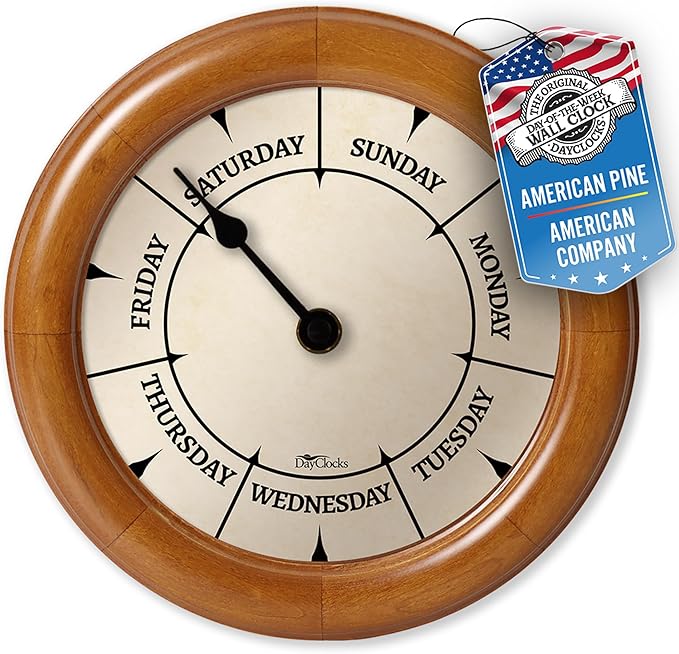 Classic Day of The Week Wall Clock - 10" Solid Pine Wood Frame, Ideal Retirement Gift for Men and Women, Day Clock for Seniors and Retirees