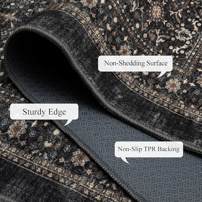 Ruaruarug Washable Area Rug 6x9 for Living Room, Bedroom, Ultra Soft Non Slip Stain & Fade Resistant, Pet & Kids Friendly, Suitable for High Traffic Areas Easy to Clean for Office Kitchen, Black Grey
