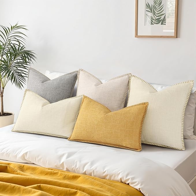 decorUhome Summer Decorative Throw Pillow Covers 18x18 Set of 2 Square Faux Linen Outdoor Neutral Farmhouse Pillow Covers with Stitched Edge for Couch Sofa Living Room, Beige