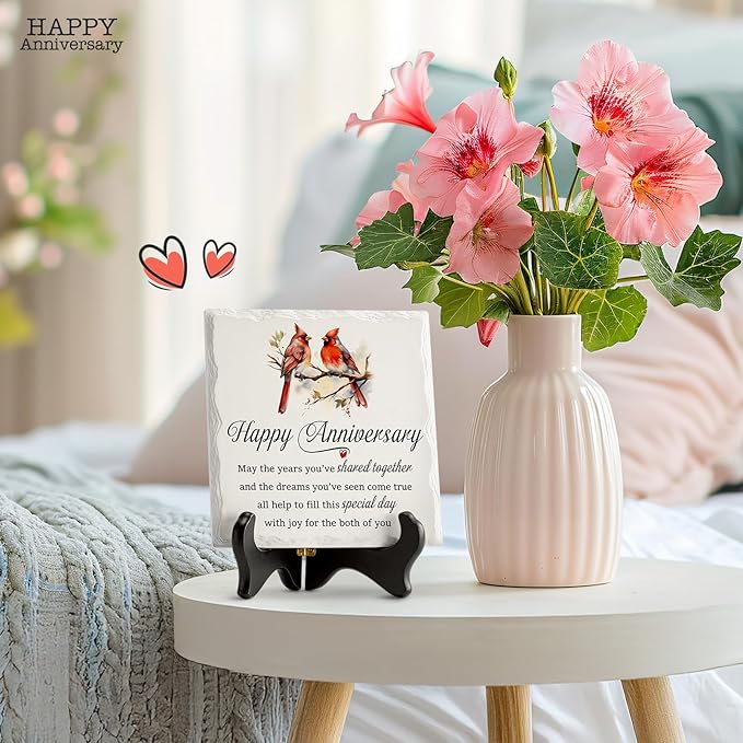 LukieJac Anniversary Couples Gifts - Cardinal Ceramic Plaque - Happy Anniversary Presents for Couples - Romantic Wedding Celebrate Keepsake Desk Decorations Christmas Gift