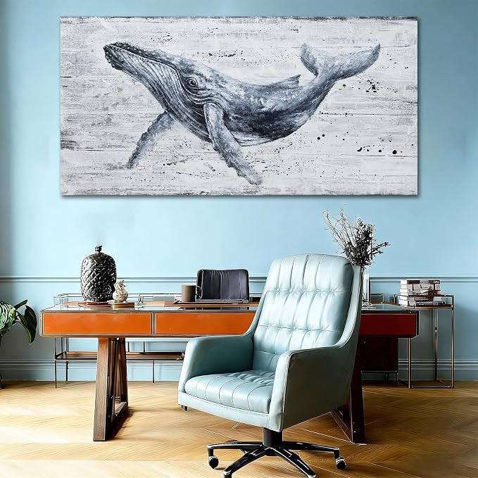 Large Whale Wall Art Monochrome Abstract Sea Life Canvas Posters print Contemporary Coastal Artwork for Living Room Office Bedroom Decor 29x58inch