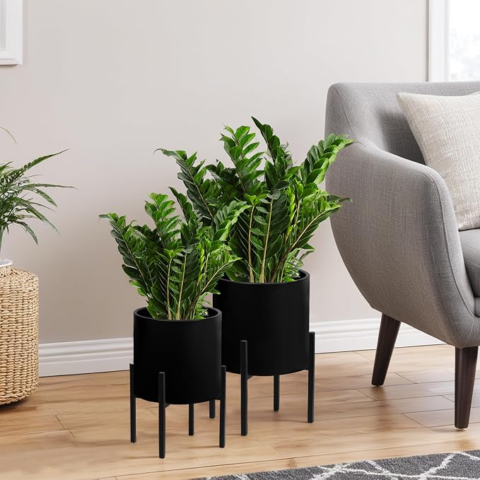 ARNIS Modern Plant Pots, Set of 2 Large Planters with Stand, Decorative Planters, Metal Pots with Drainage Holes for Living Room, Office, Garden or Balcony, 8.25 &10.5 Inch, Blcak