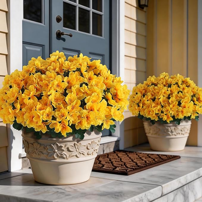 8 Bundles Artificial Flowers for Front Door, Fake Silk Azalea Bouquet Silk Flowers for Outside UV Resistant Realistic Faux Plants for Planter Farmhouse Patio Garden Walkways Home Decor (Yellow)