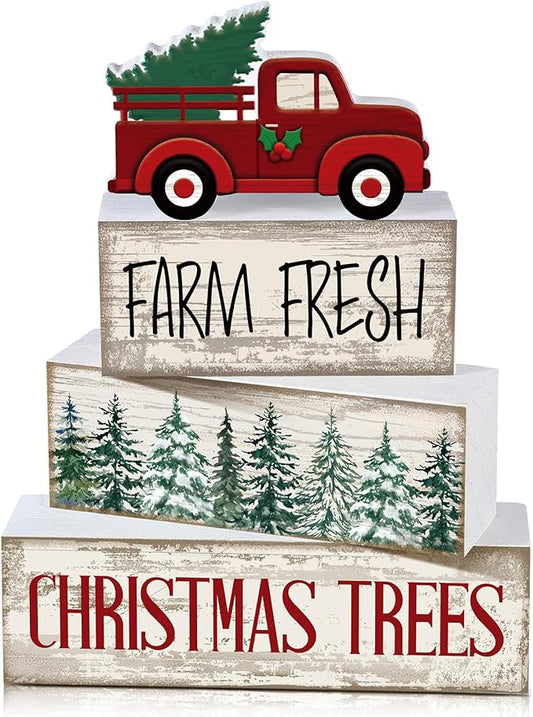 Lineshading 4 Pcs Christmas Decor Wooden Red Truck Winter Tiered Tray Decor Rustic Merry Christmas Table Centerpiece Wood Red Truck Block Sign Gift Farmhouse for Home Kitchen Tabletop Office Shelf