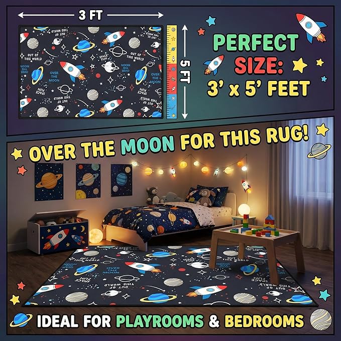 Space Rug 3x5 Feet, Kids Rugs for Playroom Bedroom, Solar System Rug with Rocket Planet Stars Pattern, Galaxy Area Rugs for Boys Room Nursery Classroom, Dark Blue