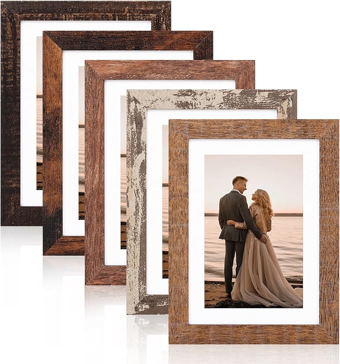 Fixwal 5x7 Rustic Picture Frame Set of 5, Vintage Distressed Photo Frames with Tempered Glass, Decorative Art for Wall Hanging and Tabletop Placement, Display 4x6 with Mat or 5x7 Without Mat