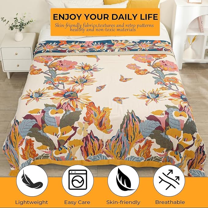 Boho Floral Butterfly Pattern Reversible Summer Cotton Blanket 90"x108" Breathable 4-Layer Gauze Muslin Blanket for Bed Couch Home Decor for All Season Thoughtful Gift for Women Men