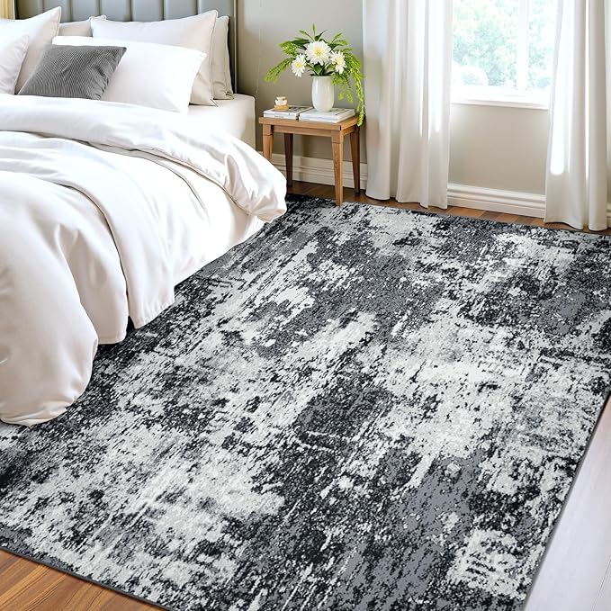 RELEANY Washable Area Rugs 4'x5' Non-Slip Modern Abstract Soft for Living Room Entryway Bedroom Nursery, Print Pattern, Black Navy Blue Gray