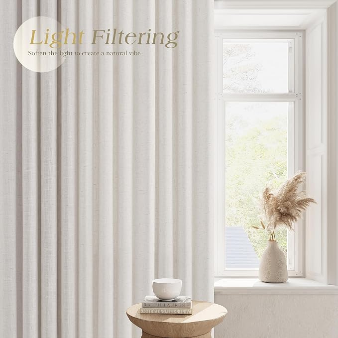 Extra Long Ivory White Linen Curtains 108 Inches Length for Living Room Grommet Semi Sheer Elegant Sheer Drapes for Bedroom Light Filtering Neutral Boho Curtain 2 Panel for Large Window Office 9FT