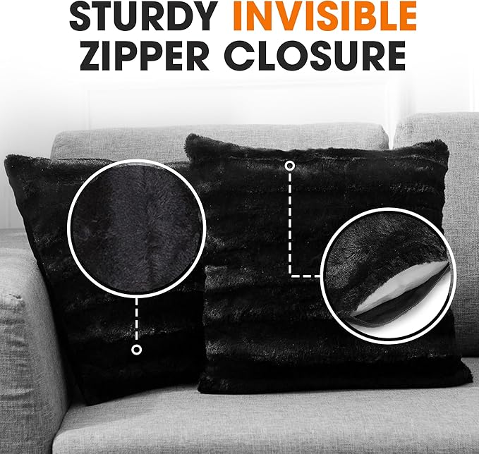 Cheer Collection Faux Fur Throw Pillows - Decorative Pillows for Couch, Bed Throw Pillows, Black Accent Pillows for Bedroom or Living Room Aesthetic, Set of 2 Furry Throw Pillows, 16" x 16"