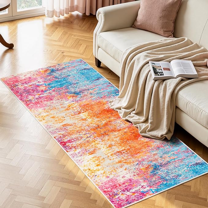 Rugflix 2x8 Runner Rug for Entryway, Kitchen Rugs Soft Non-Slip Washable Runners for Hallway, Abstract Small Carpet with Non-Slip Backing for Bedroom, Living Room, Rainbow