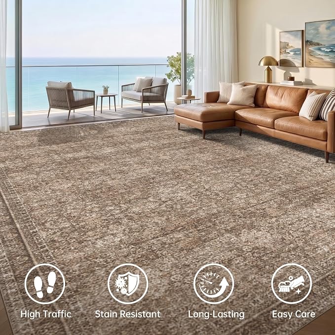 Sasttie 8x10 Area Rugs, Ultra-Soft Washable Rug, Low Pile Foldable Thin Carpets with Non-Slip Backing, Skin-Friendly Stain Resistant Carpet for Living Room, Bedroom, Kitchen, Dorm, 8x10, Dark Brown