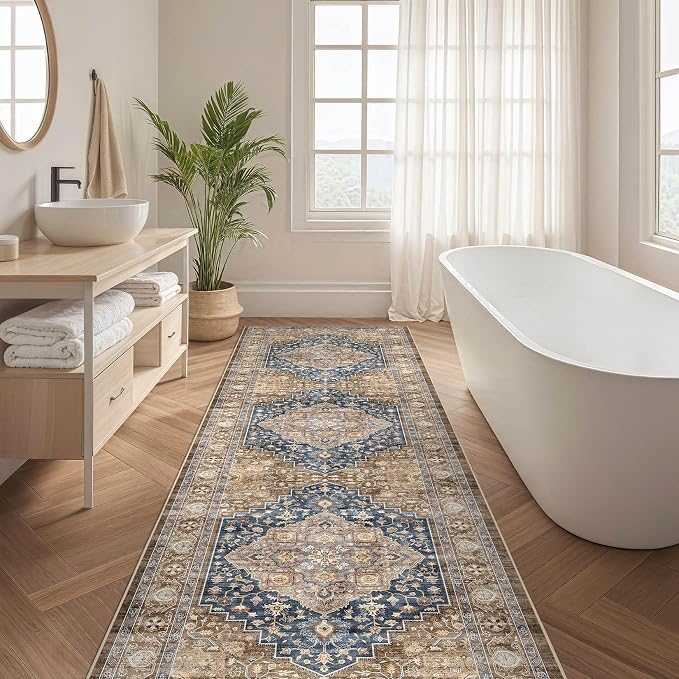 Runner Rug Kitchen Washable Rugs: 3x10 Non-Slip Boho Vintage Stain Resistant Indoor Neutral Farmhouse Throw Carpet for Hallway Bathroom Laundry Room Entryway Bedroom- Yellow Blue