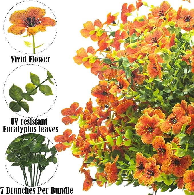 Grunyia Artificial Fake Flowers for Outdoor Spring Decoration, 16 Bundles Faux Silk Colorful Daisy UV Resistant Realistic for Outside Porch Patio Home Yard Garden Planters Pots Window Box (Orange)