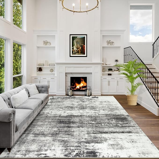 4x6 Area Rugs Washable Rug: Modern Abstract Living Room Rug Soft Anti-Skid Thin Carpet Indoor Floor Non-Shedding Carpets for Bedroom Dining Room Farmhouse Nursery Home Office - Black Grey