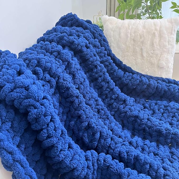 Soft Chunky Knit Throw Blanket for Couch, Cozy Warm Knitted Blankets | Hand Knit with Jumbo Chenille, Lightweight Warm Fluffy Decor for Women, Mom, Her & Girls, Sofa, Chair, Bed,48"×71"(Navy Blue)