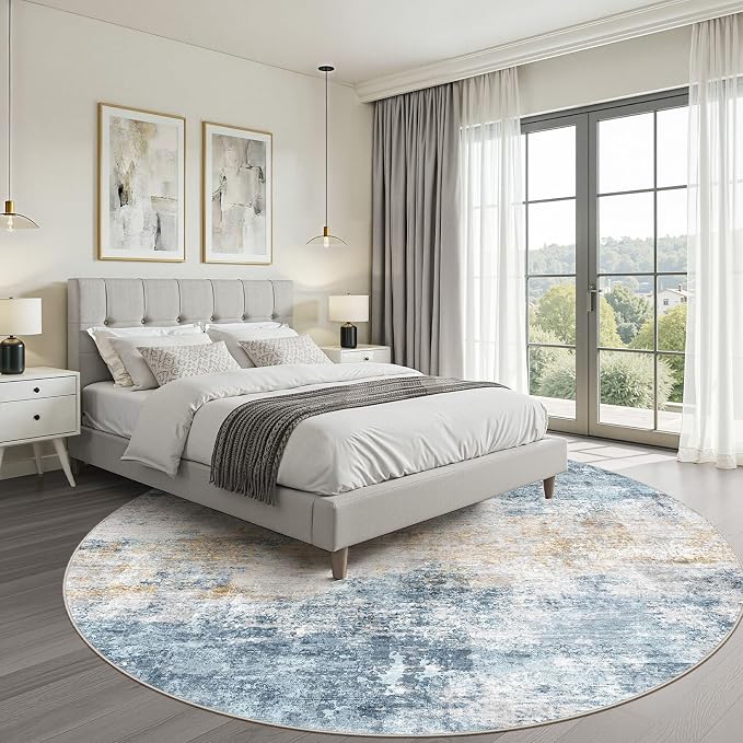 8ft Round Rug Living Room: 8x8 Washable Large Neutral Circle Area Rug Abstract Soft Modern Stain Resistant Indoor Floor Non-Slip Carpet for Bedroom Nursery Kids Office Playroom Dining Room- Blue Gold