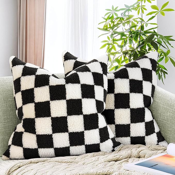 AmHoo Pack of 2 Decorative Throw Pillow Covers Checkerboard Luxury Super Soft Faux Fur Wool Set Case Cushion for Couch Sofa Bedroom 26 x 26-Inch Black