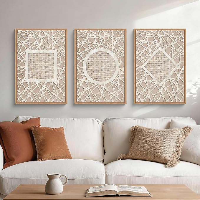 Large Abstract Boho Neutral Shapes Framed Canvas Wall Art,Modern Geometric Circle Square Rhombus Wall Decor,Mid Century Artwork for Living Room,Bedroom,Office-16 x24 x3
