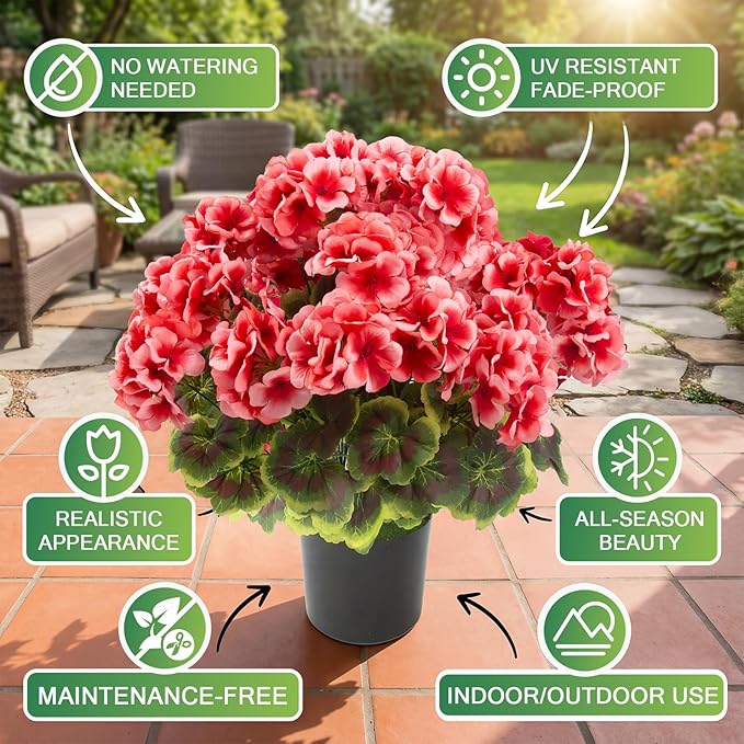 lovemoon 2Set Geranium Potted Artificial Flowers,Fake Geranium Plants for Outdoor Home Décor Office Tables Porch Garden Decor (2, Peach)