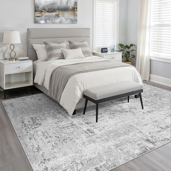 7x9 Area Rug Living Room: Washable Large Neutral Rug Abstract Soft Modern Stain Resistant Indoor Floor Non-Slip Carpet for Bedroom Nursery Kids Office Playroom Dining Room Under Table- Light Gray