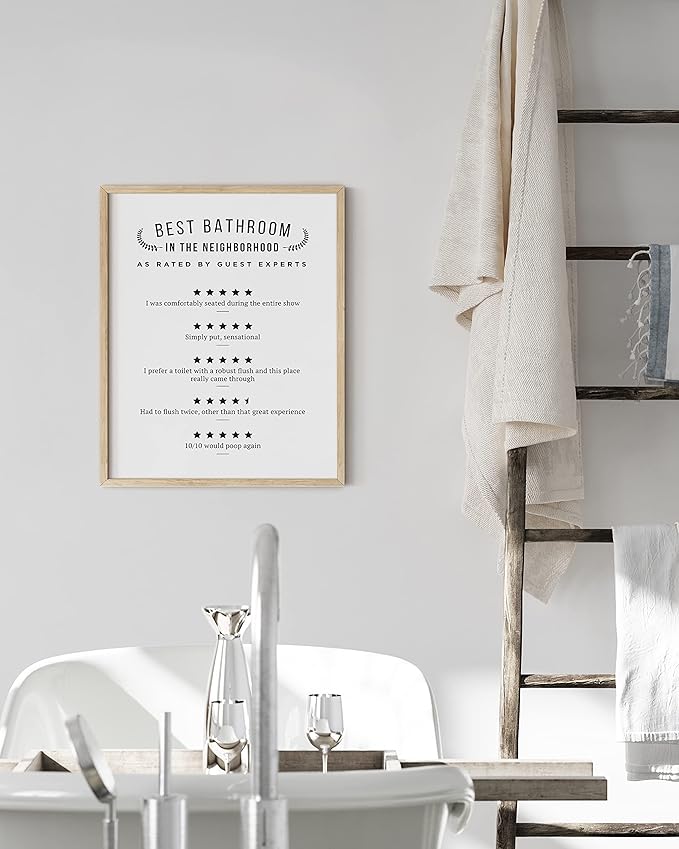 HAUS AND HUES Funny Bathroom Wall Art – Poop Review Sign, “Would Poop Here Again” Print, Humorous Toilet Wall Decor for Guest Bath (16x20, Unframed)
