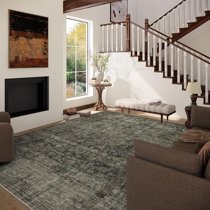 Washable Living Room Area Rug: 10x14 Rugs for Bedroom Vintage Stain Resistant Non Slip Low Pile Large Boho Carpet for Kitchen Dining Room Farmhouse Kids Room Nursery