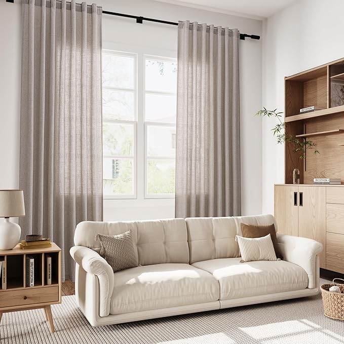 Nanspring Brownish Grey Linen Curtains for Living Room 112 Inches Long Back Tab Light Filtering Semi Sheer Curtain Modern Farmhouse Decor for Bedroom Office Luxury Textured Drapes 52x112, 2 Panels